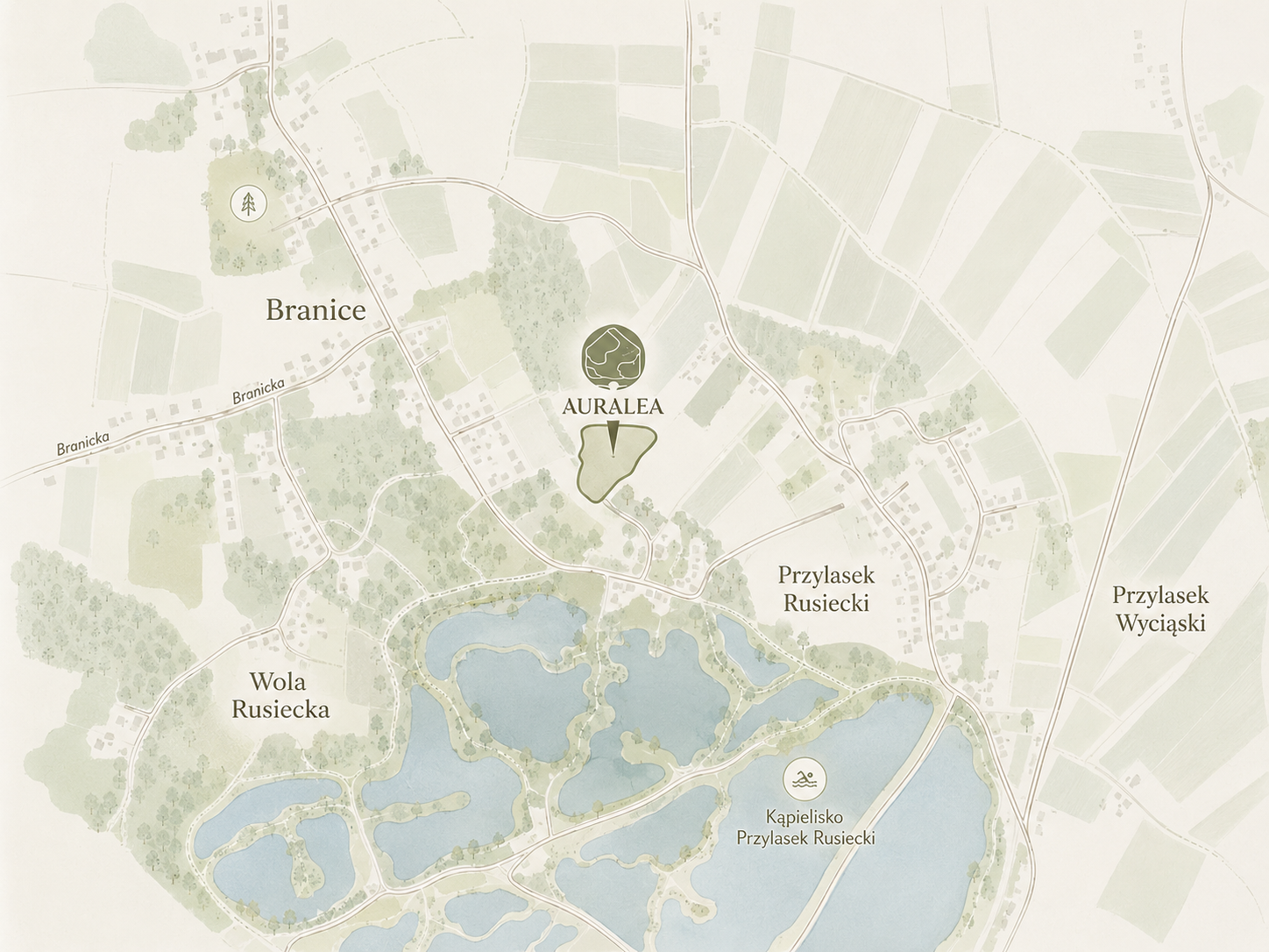 Mapa okolicy Auralea z zaznaczoną lokalizacją osiedla w Przylasku Rusieckim